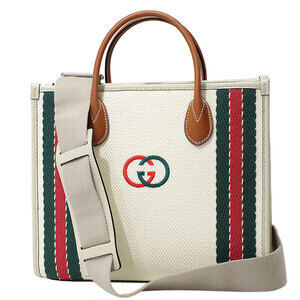 GUCCI Tote Bag Interlocking GG White Canvas Web Stripe Leather
